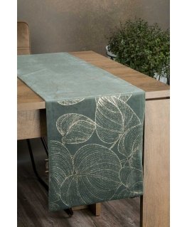 Eurofirany BLINK / 16 Velvet table runner with a pattern of large leaves, 35X220 cm, color: dark mint