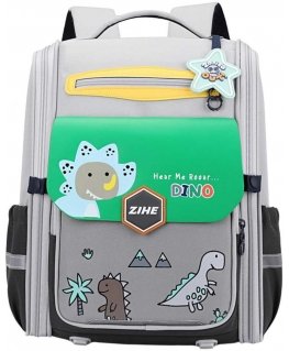 Lean School backpack with dinosaur chest strap, gray-green, 21 l, 39 cm