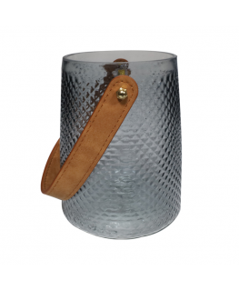 Стеклянная ваза | подсвечник с кожаной ручкой, 10,5x15,3 см, дымчато-серого цвета