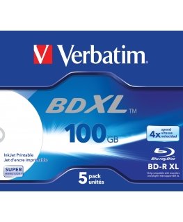 Verbatim BD-R XL 100GB* 4x Wide Inkjet Printable 5 Pack Jewel Case
