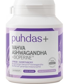 Puhdas+ Vahva Ashwaganda + BioPerine 125 mg 60 vegetariškų kapsulių