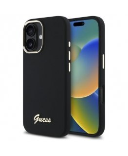Guess GUHCP16SSMBSLK iPhone 16 6.1" juoda/juodas kietasis dėklas Silikoninis užrašas Metalinis logotipas ir rėmas