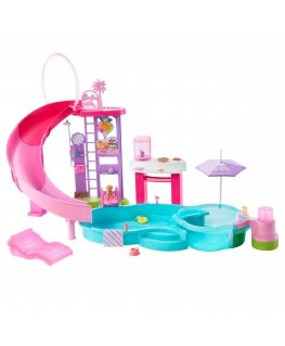 Barbie Dream Pool Playset with Slide & Bubbling Hot Tub, 20+ Accessories Including Pet, Floaties & More