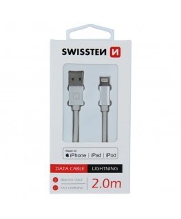 Swissten (MFI) Textile Fast Charge 3A Lightning (MD818ZM/A) Data and Charging Cable 2.0m Sidabrinis