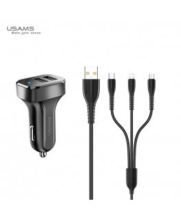 Usams Universāls x2 USB Auto lādētājs 2.1A 2.1A ar 3in1 USB Kabeli Micro USB / Type-C / Lightning Melns