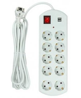 Plug EXD Household extension cord 5m, 10 sockets, 2x USB, with switch