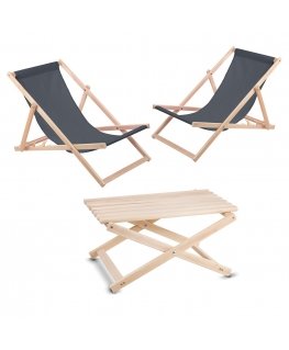 Woodok Set of two gray chaise longues, folding table