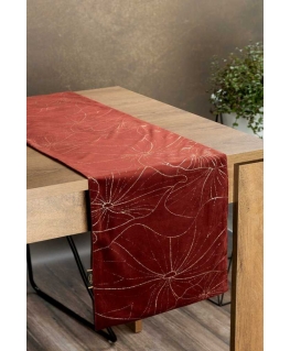 Eurofirany BLINK / 18 Velvet table runner with water lily leaf pattern, 35X220 cm, color: brick